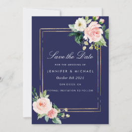 Navy Blue Blush Pink Gold Save the Date Einladung