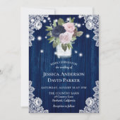 Navy Blue Blush Pink Lace Mason Jar Wedding Einladung (Vorderseite)