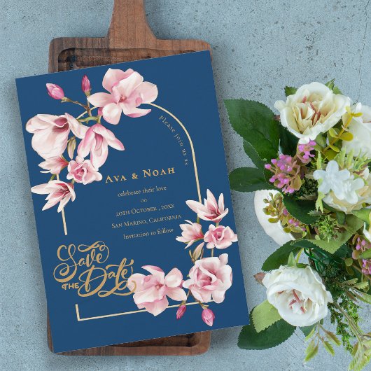 Navy Blue Blush Pink Magnolia Floral Save the Date Einladung