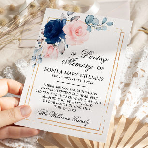 Navy Blue & Blush Pink Rose Beileid Memory Dankeskarte