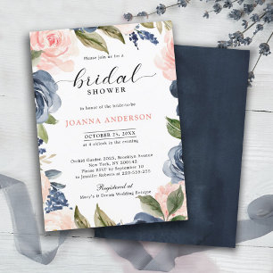 Navy Blue Blush Pink Rose Boho Bridal Shower Einladung