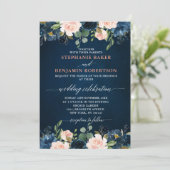 Navy Blue Blush Pink Rose Boho Einladung Hochzeit (Stehend Vorderseite)