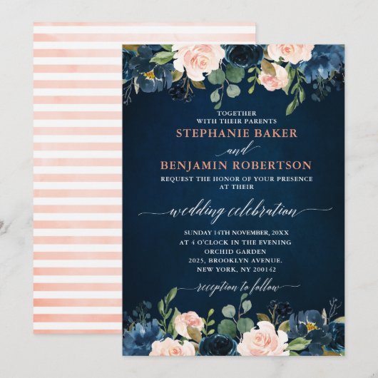 Navy Blue Blush Pink Rose Boho Einladung Hochzeit (Vorne/Hinten)