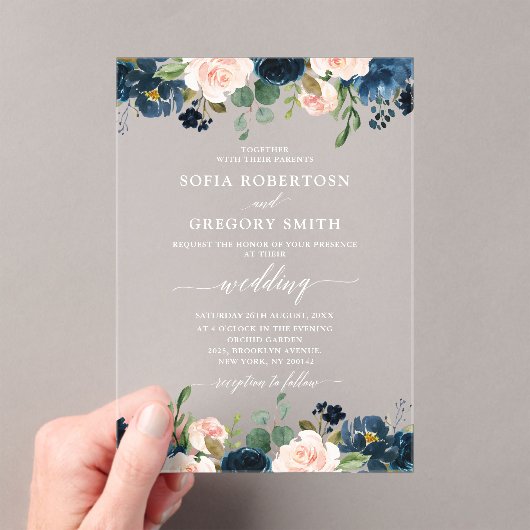 Navy Blue Blush Pink Rose Boho Hochzeit Acryleinladungen (Insitu (Handheld))