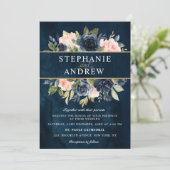 Navy Blue Blush Pink Rose Boho Hochzeit Einladung (Stehend Vorderseite)