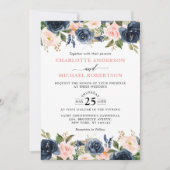 Navy Blue Blush Pink Rose Boho Hochzeit Einladung (Vorderseite)
