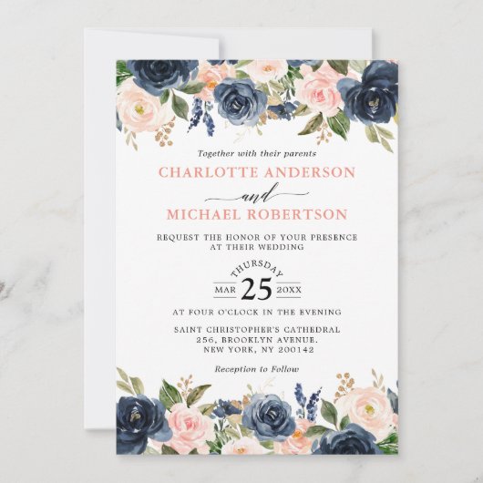 Navy Blue Blush Pink Rose Boho Hochzeit Einladung (Vorderseite)