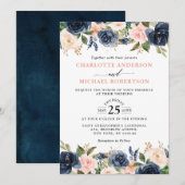 Navy Blue Blush Pink Rose Boho Hochzeit Einladung (Vorne/Hinten)