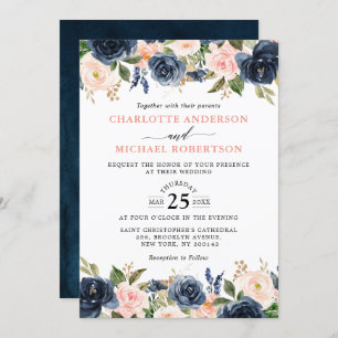 Navy Blue Blush Pink Rose Boho Hochzeit Einladung