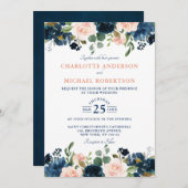Navy Blue Blush Pink Rose Boho Hochzeit Einladung (Vorne/Hinten)