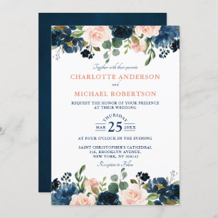 Navy Blue Blush Pink Rose Boho Hochzeit Einladung