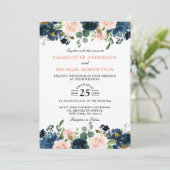 Navy Blue Blush Pink Rose Boho Hochzeit Einladung (Stehend Vorderseite)