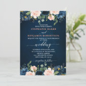 Navy Blue Blush Pink Rose Boho Hochzeit Einladung (Stehend Vorderseite)