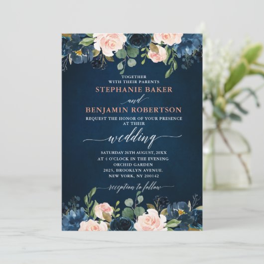 Navy Blue Blush Pink Rose Boho Hochzeit Einladung (Stehend Vorderseite)
