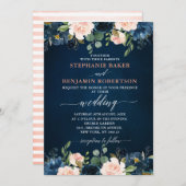 Navy Blue Blush Pink Rose Boho Hochzeit Einladung (Vorne/Hinten)