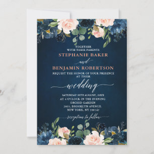 Navy Blue Blush Pink Rose Boho Hochzeit Einladung