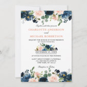 Navy Blue Blush Pink Rose Boho Hochzeit Einladung (Vorderseite)