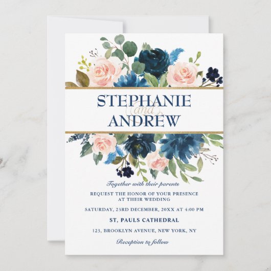 Navy Blue Blush Pink Rose Boho Hochzeit Einladung (Vorderseite)