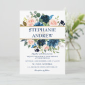 Navy Blue Blush Pink Rose Boho Hochzeit Einladung (Stehend Vorderseite)