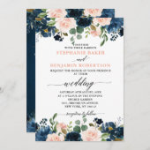 Navy Blue Blush Pink Rose Boho Hochzeit Einladung (Vorne/Hinten)