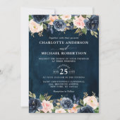 Navy Blue Blush Pink Rose Boho Hochzeit Einladung (Vorderseite)