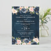 Navy Blue Blush Pink Rose Boho Hochzeit Einladung (Stehend Vorderseite)