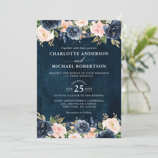 Navy Blue Blush Pink Rose Boho Hochzeit Einladung (Stehend Vorderseite)