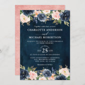 Navy Blue Blush Pink Rose Boho Hochzeit Einladung (Vorne/Hinten)
