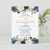 Navy Blue Blush Pink Rose Boho Hochzeit Einladung (Stehend Vorderseite)