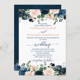 Navy Blue Blush Pink Rose Boho Hochzeit Einladung