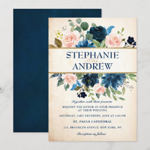 Navy Blue Blush Pink Rose Boho Hochzeit Einladung