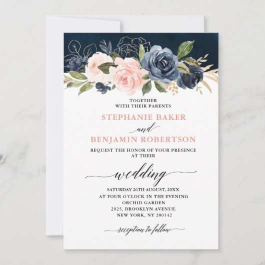 Navy Blue Blush Pink Rose Boho Hochzeit Einladung (Vorderseite)
