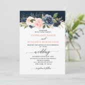 Navy Blue Blush Pink Rose Boho Hochzeit Einladung (Stehend Vorderseite)