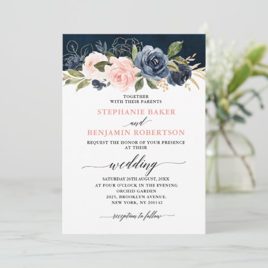 Navy Blue Blush Pink Rose Boho Hochzeit Einladung (Stehend Vorderseite)