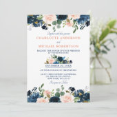Navy Blue Blush Pink Rose Boho Hochzeit Einladung (Stehend Vorderseite)