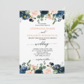 Navy Blue Blush Pink Rose Boho Hochzeit Einladung (Stehend Vorderseite)