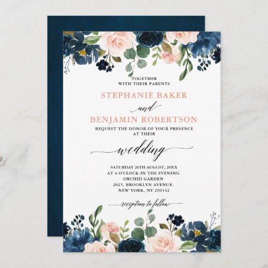 Navy Blue Blush Pink Rose Boho Hochzeit Einladung (Vorne/Hinten)