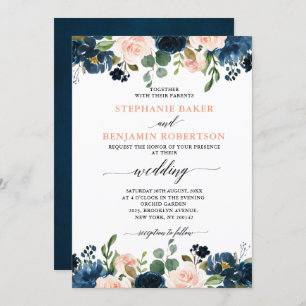 Navy Blue Blush Pink Rose Boho Hochzeit Einladung