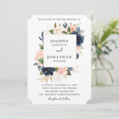 Navy Blue Blush Pink Rose Boho Hochzeit Einladung (Stehend Vorderseite)
