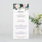 Navy Blue Blush Pink Rose Boho Hochzeit Menükarte (Stehend Vorderseite)