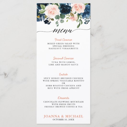 Navy Blue Blush Pink Rose Boho Hochzeit Menükarte (Vorderseite)