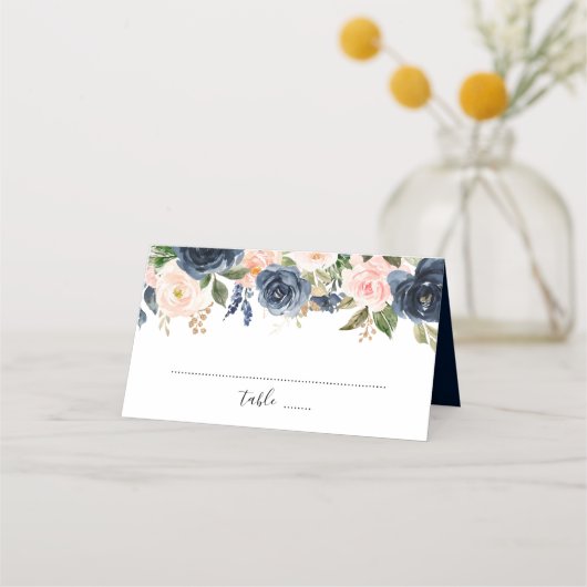 Navy Blue Blush Pink Rose Boho Hochzeit Platzkarte (Vorderseite)