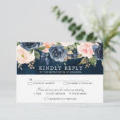 Navy Blue Blush Pink Rose Boho Hochzeit RSVP Karte (Stehend Vorderseite)