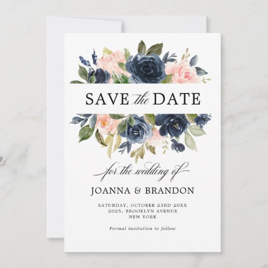 Navy Blue Blush Pink Rose Boho Hochzeit Save The Date (Vorderseite)