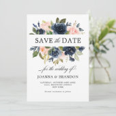 Navy Blue Blush Pink Rose Boho Hochzeit Save The Date (Stehend Vorderseite)
