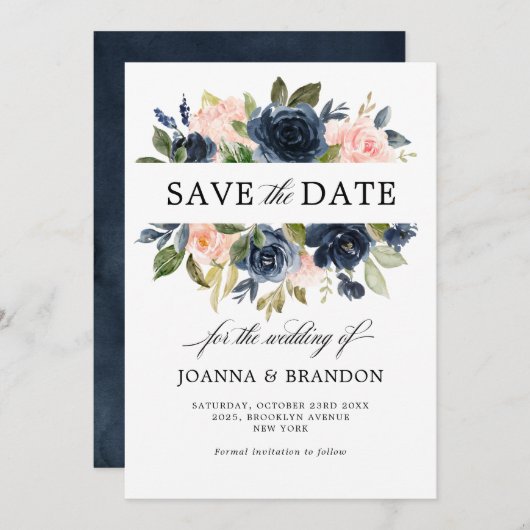 Navy Blue Blush Pink Rose Boho Hochzeit Save The Date (Vorne/Hinten)