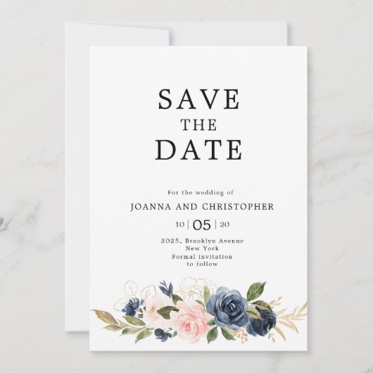 Navy Blue Blush Pink Rose Boho Hochzeit Save The Date (Vorderseite)