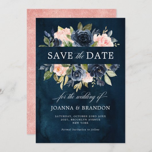 Navy Blue Blush Pink Rose Boho Hochzeit Save The Date (Vorne/Hinten)