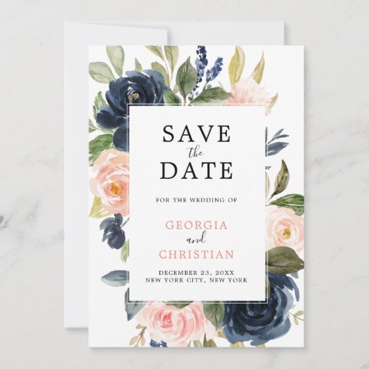 Navy Blue Blush Pink Rose Boho Hochzeit Save The Date (Vorderseite)