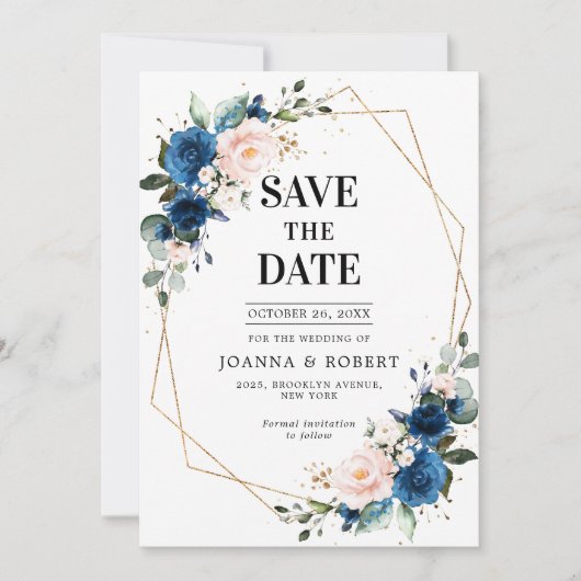 Navy Blue Blush Pink Rose Boho Hochzeit Save The Date (Vorderseite)